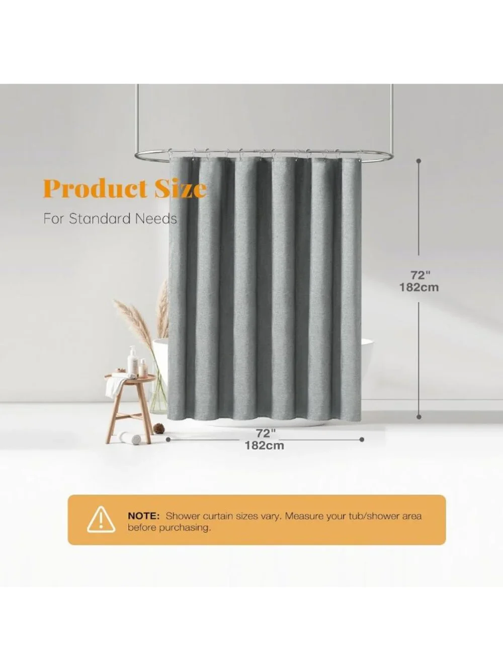 Waterproof Grey Linen Textured Shower Curtain Set, 72x72, Stylish Bathroom Decor